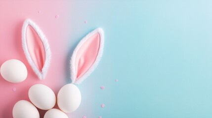 easter bunny ears white eggs on isolated pastel background with copyspace