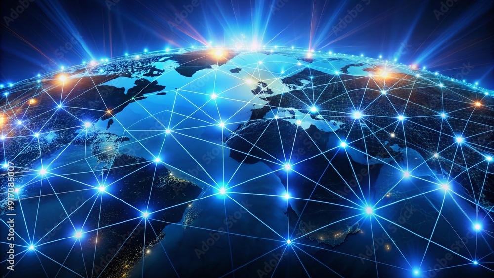 Poster a futuristic 3d illustration of a glowing blue network of interconnected nodes and lines, symbolizin