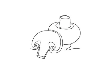 Single continuous line drawing whole healthy organic mushrooms for farm or harvest logo identity. Fresh toadstool concept for vegetable icon. Dynamic one line draw graphic design vector illustration