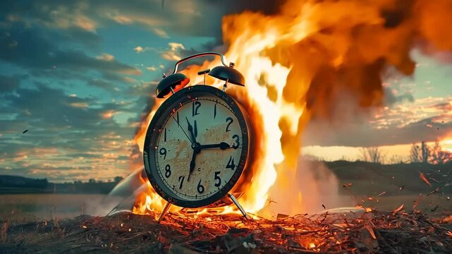 A massive clock erupts in flames against a dramatic sunset backdrop, creating a captivating spectacle of color and chaos in an open field