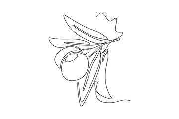 Single one line drawing heap healthy organic olive fruit for green garden logo identity. Fresh core ingredients concept for fruit icon. Modern continuous line draw design graphic vector illustration