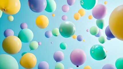 Vibrant Balloon Festival: A Colorful Display of Green, Yellow, and Purple Balloons Against a Soft Blue Background - Perfect for a Sporty Interior Poster or Celebratory Décor!