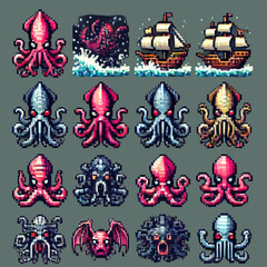 Sprite sheet of pixel art icons with Kraken theme