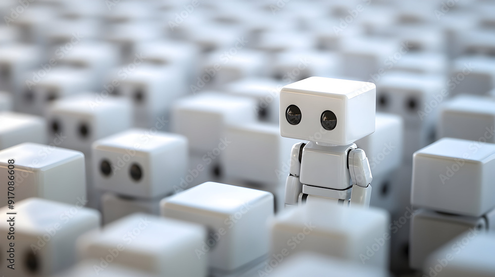 Poster white robot standing out in a crowd of identical cubes