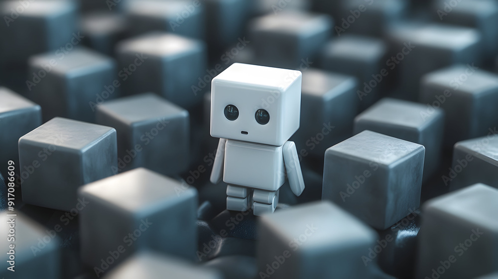 Poster unique white robot standing out in a crowd of identical cubes