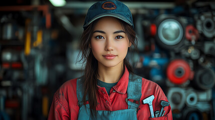 Obraz premium A confident woman mechanic standing in front of tools, showcasing her skills and passion for automotive work.