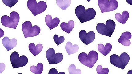 A vibrant pattern featuring various purple hearts on a white background, perfect for romantic designs and creative projects.