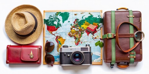 Colorful traveler's set with passport, map, sunglasses, camera, and adventure gear neatly arranged, showcasing organized packing for a dream vacation on a white background.