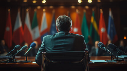 A leader addressing a conference with national flags in the background, capturing the essence of diplomacy and decision-making.