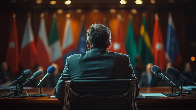 A leader addressing a conference with national flags in the background, capturing the essence of diplomacy and decision-making.