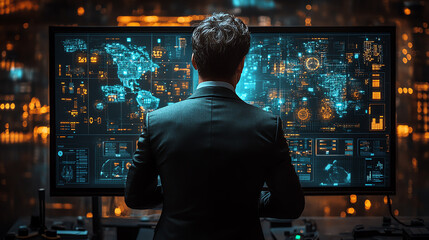 A professional analyzing data on a futuristic digital interface, surrounded by high-tech visuals and illuminated cityscape.