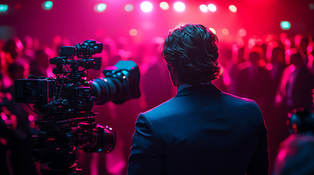 A photographer capturing a vibrant event scene with dynamic lighting and an engaged crowd in the background.
