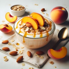 Generative AI  Smooth peach yogurt adorned with almond pieces and honey, presenting a tasty and nutritious snack option.
