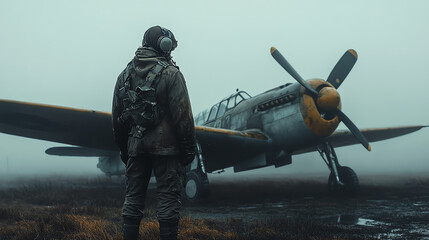 A solitary soldier stands near a vintage warplane in a foggy landscape, evoking themes of history and aviation.