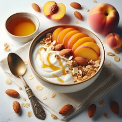 Generative AI  Delicious peach yogurt enhanced with almond slices and honey, perfect for a refreshing and wholesome dessert.
