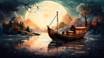 Obraz premium A serene landscape featuring a boat on a calm lake, bathed in moonlight with enchanting reflections and soft colors.