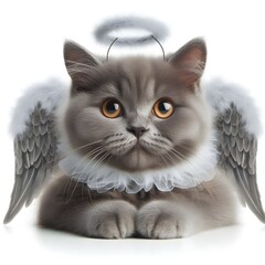 A playful cat sporting angel wings and a white collar, capturing a whimsical and divine essence.

