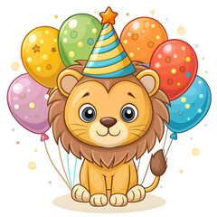 cartoon lion with a party hat and balloons