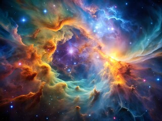 Naklejka premium Vibrant Nebula Close-Up: A Cosmic Beauty in Deep Space
