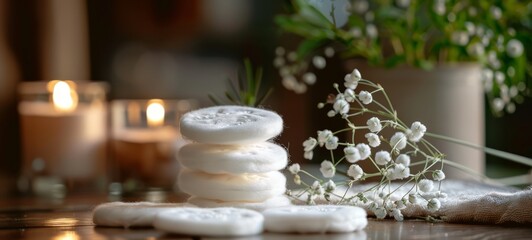 Stacked reusable cotton pads with flowers and candles in the background. The composition exudes a calm, eco-friendly, and sustainable lifestyle. Ideal for wellness and beauty content. Photograph, hori