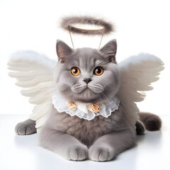Generative AI  A whimsical cat with angel wings and a white collar, exuding a charming and ethereal presence.