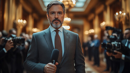 Professional reporter stands confidently in a grand hall, preparing for an interview amidst a backdrop of cameras and journalists.