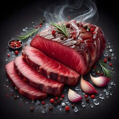 Generative AI  A juicy beef steak on a cutting board, accompanied by a knife and fork, ready for a delicious meal.