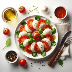 Generative AI  White background featuring a top-down arrangement of tomatoes, mozzarella, basil, garlic, and olive oil.
