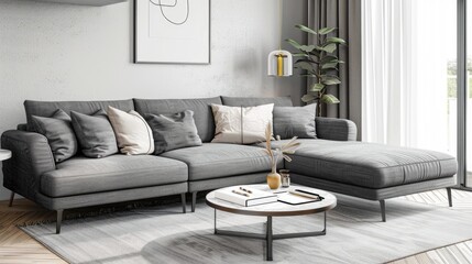 Gray sofa with pillows and a coffee table with notebooks in modern apartment, no people, copy space