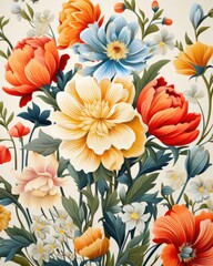 Floral pattern illustration, isolate, white background, flat design, side view, vintage theme, water color, Complementary Color Scheme.