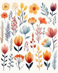 A vibrant collection of hand-painted flowers in various colors, perfect for nature-themed designs and artistic projects.