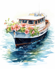 A beautiful boat adorned with vibrant flowers floats gracefully on serene waters, capturing tranquil moments of nature's beauty, isolated on white background.