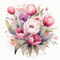 A card flowers illustration, isolate, white background, flat design, top view, floral theme, water color, Complementary Color Scheme.