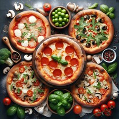 Generative AI   Multiple pizzas with different toppings presented against a white backdrop, emphasizing their colorful and appetizing appearance.