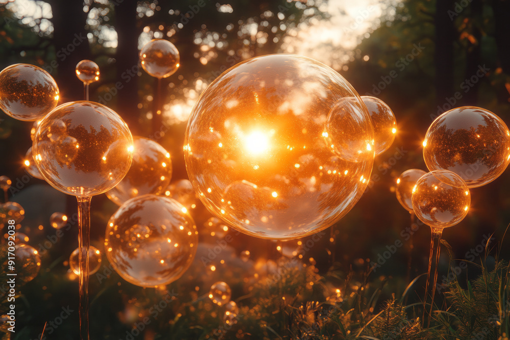 Poster a surreal forest of bubble trees, with translucent orbs floating in the air, reflecting colors from 