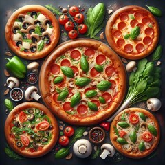 Generative AI  A variety of pizzas with assorted toppings displayed on a clean white background, showcasing vibrant colors and textures.
