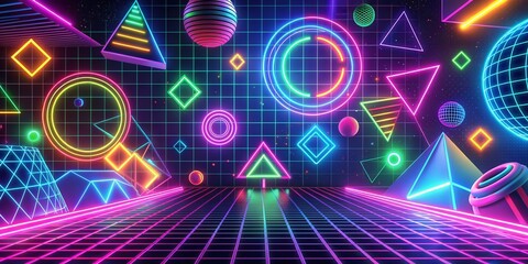 Vibrant neon-colored geometric shapes and swirling patterns create a mesmerizing retro-inspired 90's style background with a futuristic and nostalgic feel.