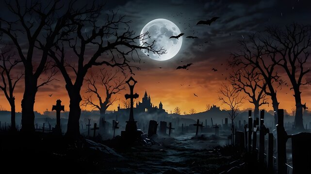 Cemetery graveyard to the castle Bats on a dead tree and a full moon on a spooky, terrifying night. Halloween banner background idea for a holiday event.