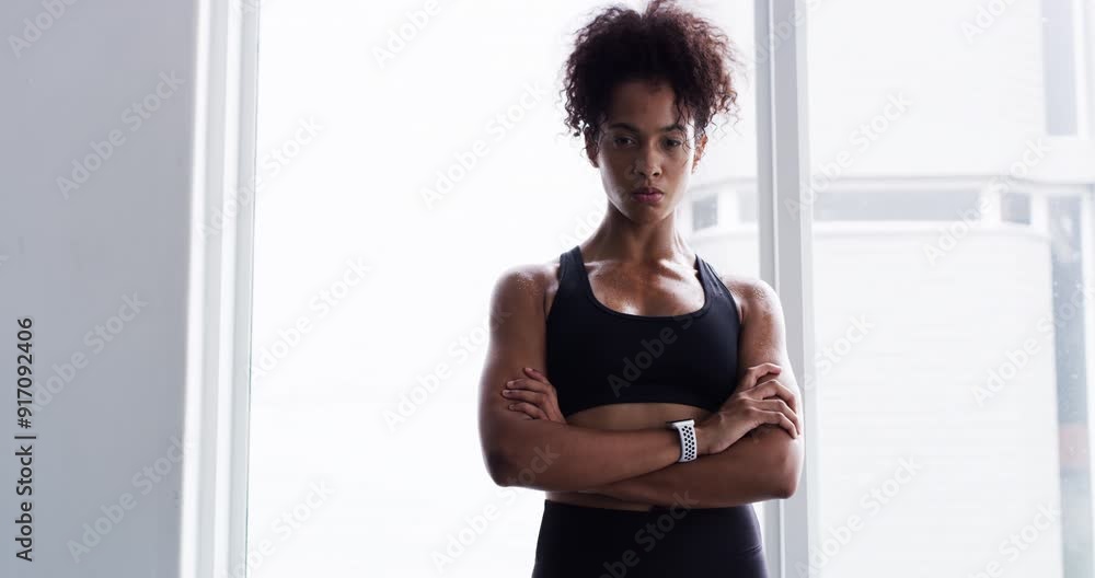 Canvas Prints Woman, fitness and arms crossed for wellness at gym, pride and confidence in training for body. Female person, tough and exercise for muscle and health, serious in sportswear for portrait or workout