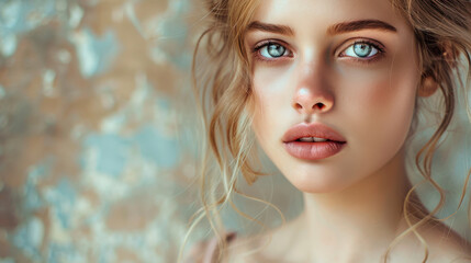 Fototapeta premium A close-up portrait of a young woman with moist hair and wide eyes, radiant skin, soft makeup, posing with a thoughtful expression