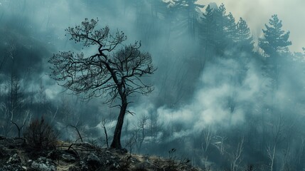 A tree is the only thing visible in the image, standing alone in a foggy