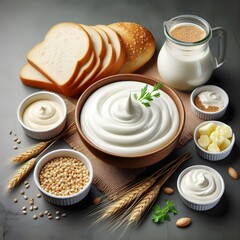 Generative AI   A collection of dairy products, cheese, bread, hamburger, fries, onion, and garlic in a colorful clipart style.