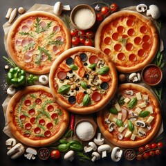 Generative AI  A selection of pizzas topped with various ingredients, set on a white background, illustrating a feast of flavors and colors.