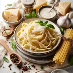 Generative AI  White background featuring a top view of pasta garnished with cheese, tomatoes, herbs, and spices, highlighting its d