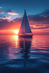 Fototapeta premium A calm sea at sunset, with a single sailboat drifting silently, its reflection shimmering on the still waters,