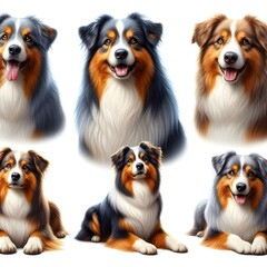 Generative AI  Six variations of Australian Shepherd breeds, illustrating their individual looks and personalities in a lively composition.
