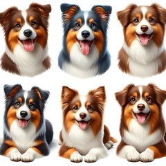 Generative AI  A group of six Australian Shepherd breeds, each exhibiting unique traits and colors, set against a natural backdrop.