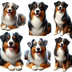 Generative AI   Six distinct Australian Shepherd breeds displayed together, highlighting their diverse appearances and playful nature.

