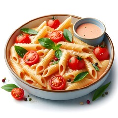 Generative AI  Overhead shot of penne pasta with tomato sauce and basil, elegantly arranged on a white background.
