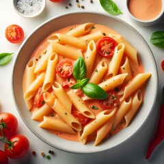 Generative AI   Penne pasta in tomato sauce, adorned with basil leaves, displayed from above on a pristine white surface.
